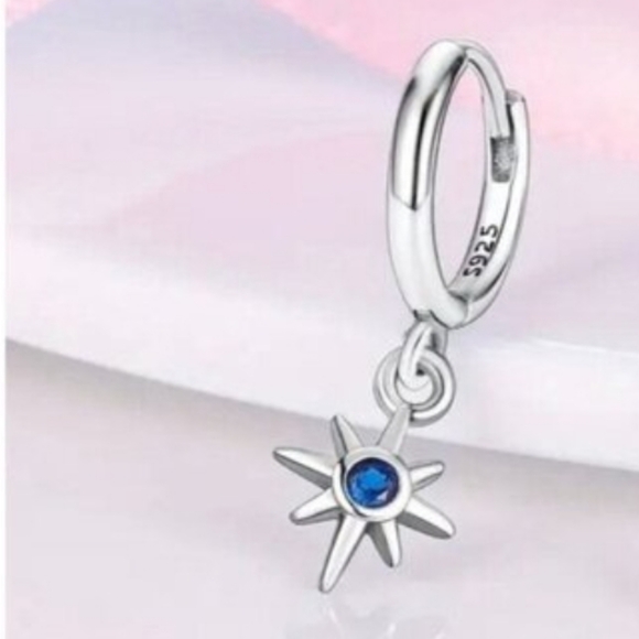 Moon & Star Earrings Sterling Silver Blue Rhinestone Small Hoop earring Trending - Picture 8 of 9